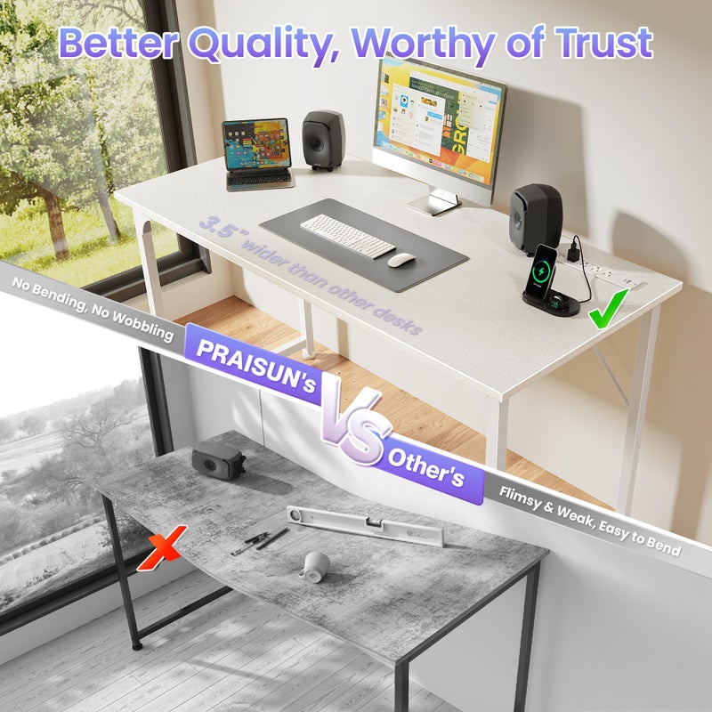 PRAISUN 47 X 20 Inch Office Computer Desk with Power Outlets and USB-C Port, Larger Gaming Desk, for Home Office, Study, Bedroom, Writing Work from Home Table, Metal Frame, White - Image 4