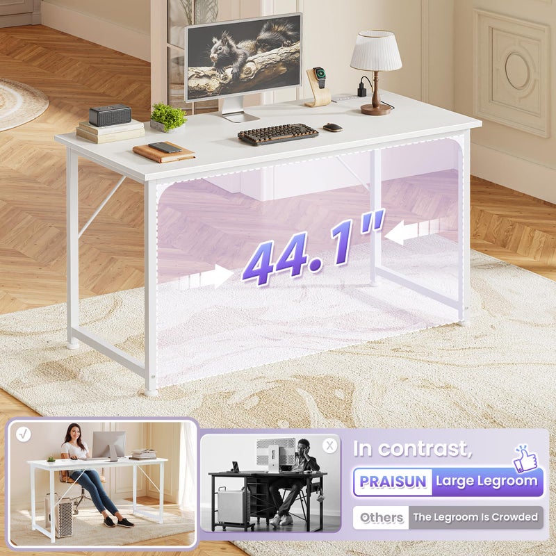 PRAISUN 47 X 20 Inch Office Computer Desk with Power Outlets and USB-C Port, Larger Gaming Desk, for Home Office, Study, Bedroom, Writing Work from Home Table, Metal Frame, White - Image 5