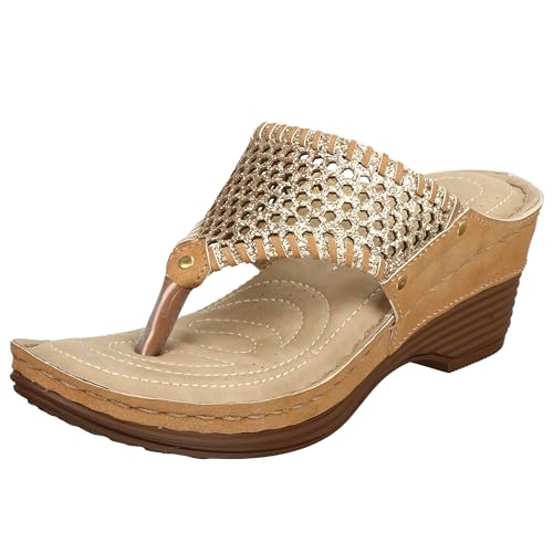 XE Looks Women's Gold Comfortable Orthopedic Slippers | Lightweight Wedge Heel with Elegant Gold Detailing | Cushioned Footbed Doctor Slippers For Girls & Women - Image 1