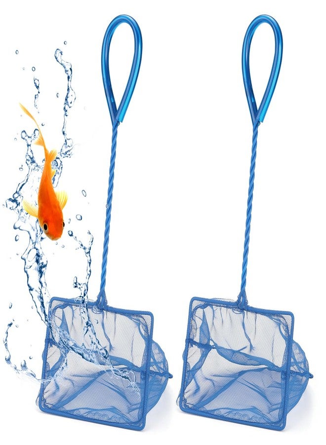 Mogoko 2 Packs 5 Inch Fish Net Aquarium, Small Fish Tank Net with Long Plastic Handle, Square net with Fine Mesh for Tank Cleaning(Blue) - Image 1