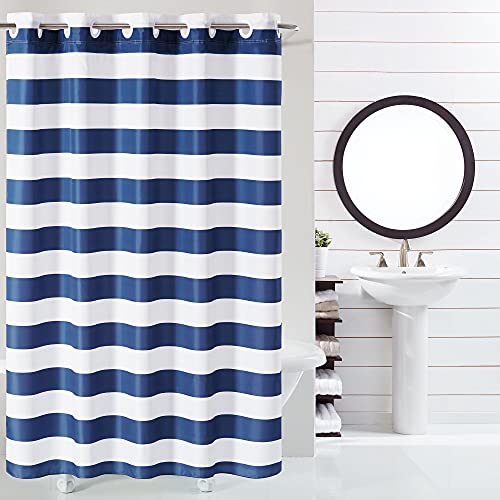 Hookless It's A Snap! Cabana Stripe Shower Curtain, 3-in-1 Shower Curtain Includes Shower Curtain with Flex-On Rings & PEVA Liner, 71" x 74", Navy - Image 1