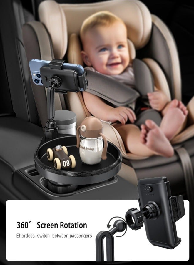 BESTPEAK 4 in 1 Car Cup Holder Tray, Adjustable Car Food Table Organizer with 360° Rotating Phone Holder, Extra Beverage Cup Holder, 4 Expandable Bases to Ensure Stability, a Must-Have for Road Trips and Car Travels.  - Image 2