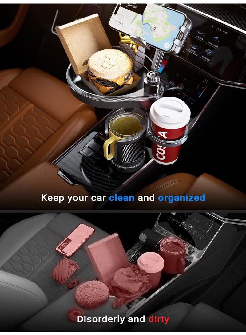 BESTPEAK 4 in 1 Car Cup Holder Tray, Adjustable Car Food Table Organizer with 360° Rotating Phone Holder, Extra Beverage Cup Holder, 4 Expandable Bases to Ensure Stability, a Must-Have for Road Trips and Car Travels.  - Image 3