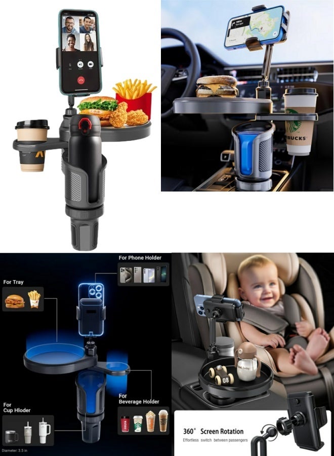 BESTPEAK Car Cup Holder Expander with Tray & Phone Mount, 3-in-1 Multifunctional Car Organizer 360° Rotatable for Food Drink Phone, Universal Car Accessories - Image 1