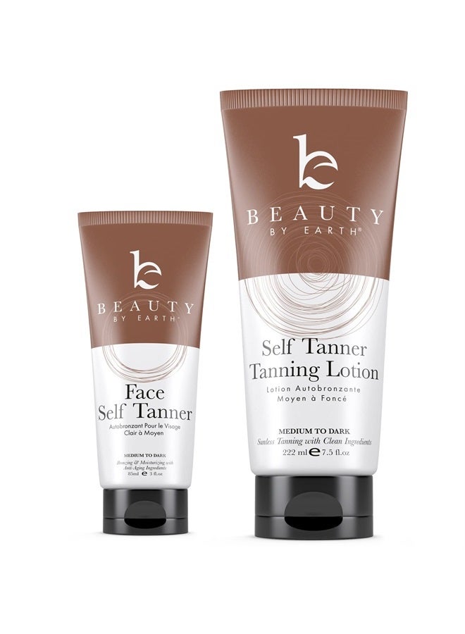 Beauty by Earth Self Tanner Face & Body - With Organic Aloe Vera & Shea Butter, Sunless Tanning Lotion, Bronzer Buildable Light, Medium or Dark Tan, Fake Tan Self Tanners Best Sellers, 7.5oz (body) 3oz (face) - Image 1