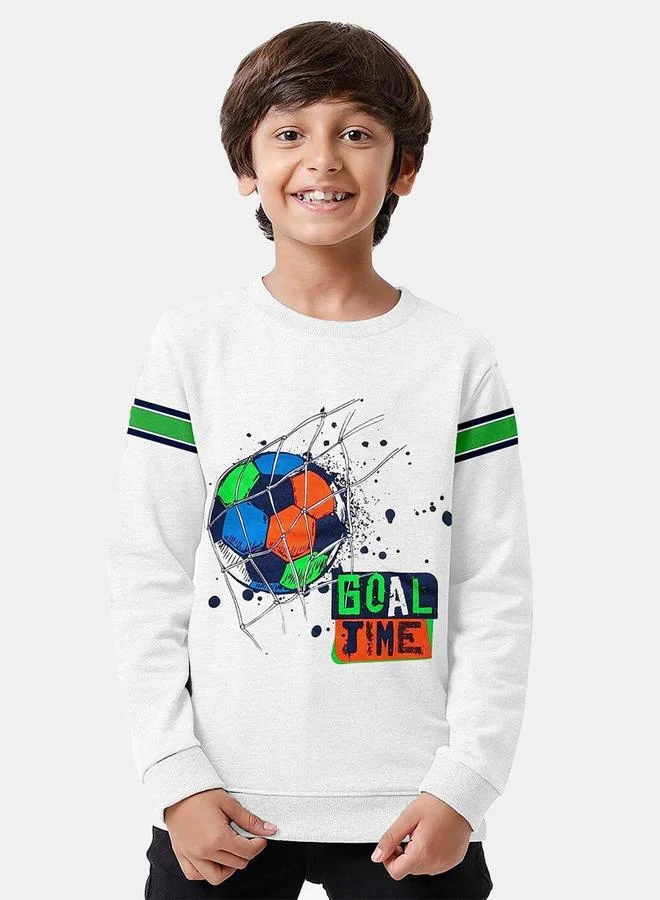 بونكيدز Regular Printed White Cotton Sweatshirt For Boys Round Neck Flat Pull On 100 % Cotton