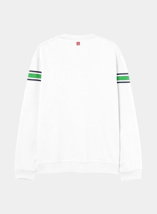 بونكيدز Regular Printed White Cotton Sweatshirt For Boys Round Neck Flat Pull On 100 % Cotton