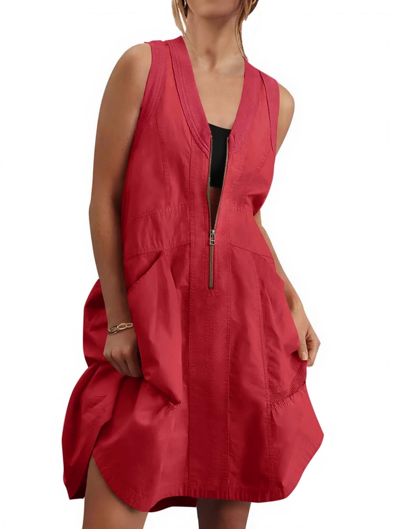 Fisoew Women's Sleeveless Tank Mini Dress Casual Half Zip V Neck Loose Mesh Back Utility Summer Dresses with Pockets Red - Image 1