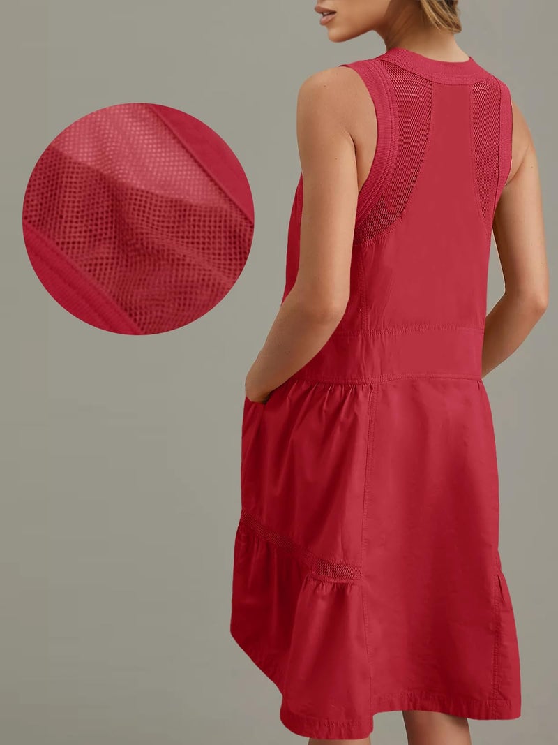 Fisoew Women's Sleeveless Tank Mini Dress Casual Half Zip V Neck Loose Mesh Back Utility Summer Dresses with Pockets Red - Image 4