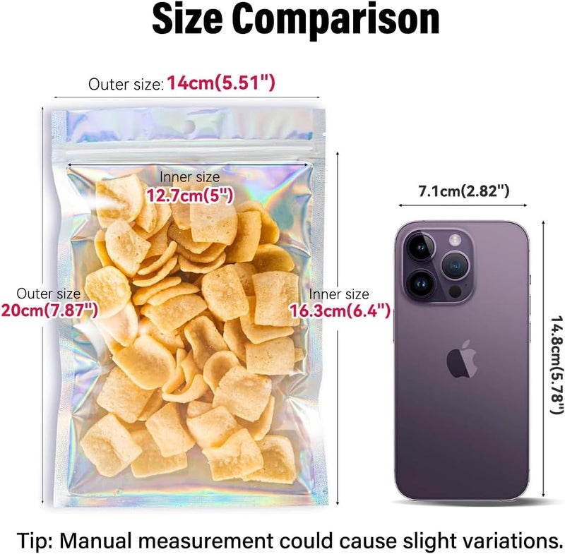 ECVV 100PCS Resealable Storage Bags 20 * 14cm X-Large Holographic Packaging Bags for Jewelry, Snack, Food Storage, Clear Ziplock Bag with Front Window - Image 4