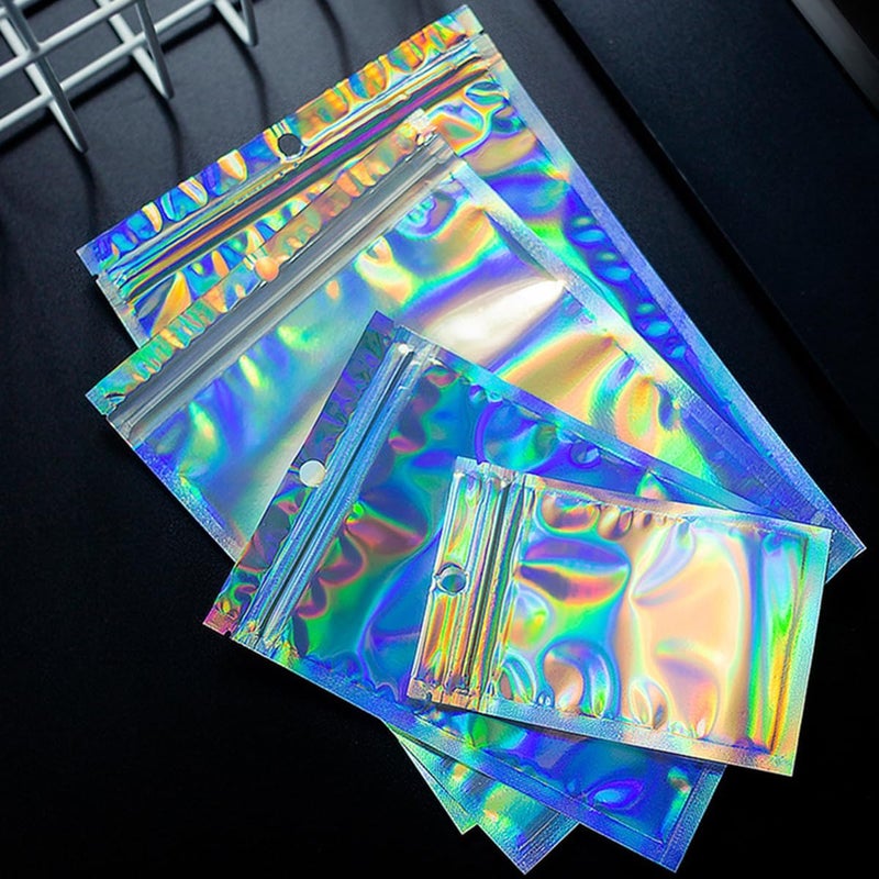 ECVV 100PCS Resealable Storage Bags 20 * 14cm X-Large Holographic Packaging Bags for Jewelry, Snack, Food Storage, Clear Ziplock Bag with Front Window - Image 2