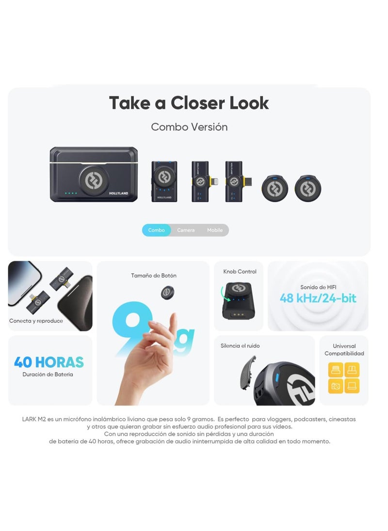 Hollyland Hollyland Lark M2 Wireless Lapel Microphone Combo for iPhone, Android, Camera, PC and Laptop, Lightning, USB-C, 48Khz, 24-bit, 1000ft Range, Noise Cancelling, 40 Hour Battery  - Image 2