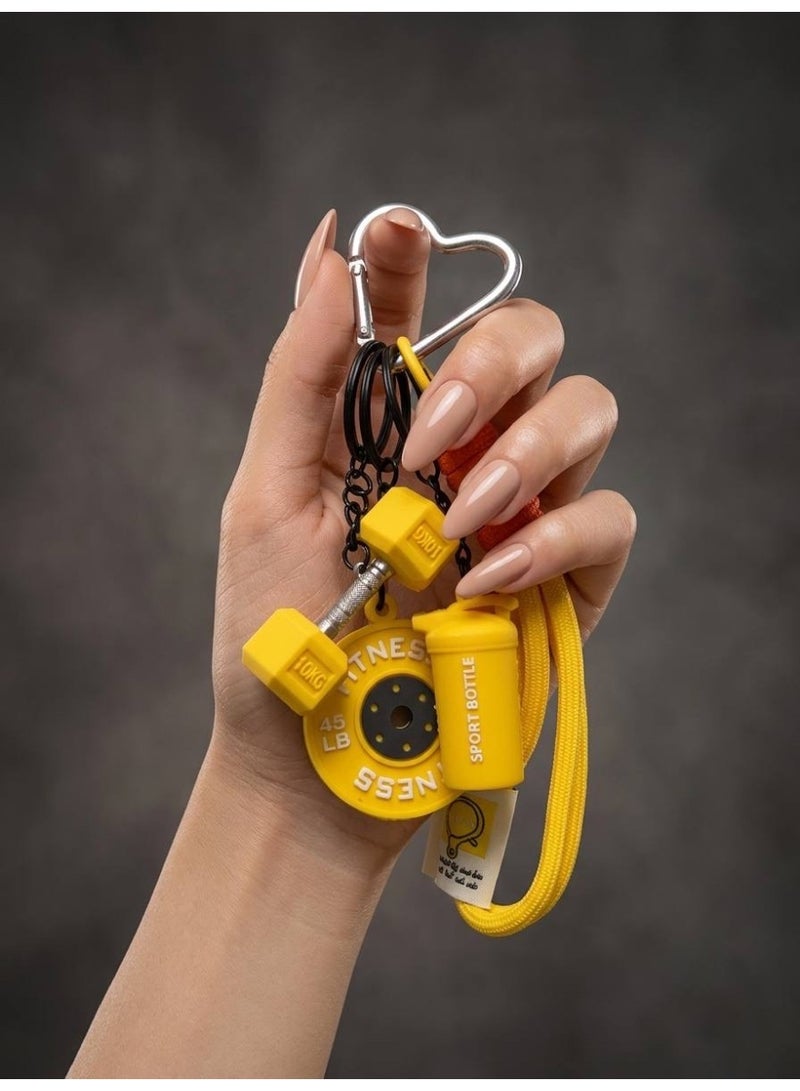 Aura Style 4-in-1 Fitness Keychain - Yellow Gym Bag Charm with Heart Carabiner, Dumbbell & Shaker - Cute Sporty Silicone Accessory - Image 4