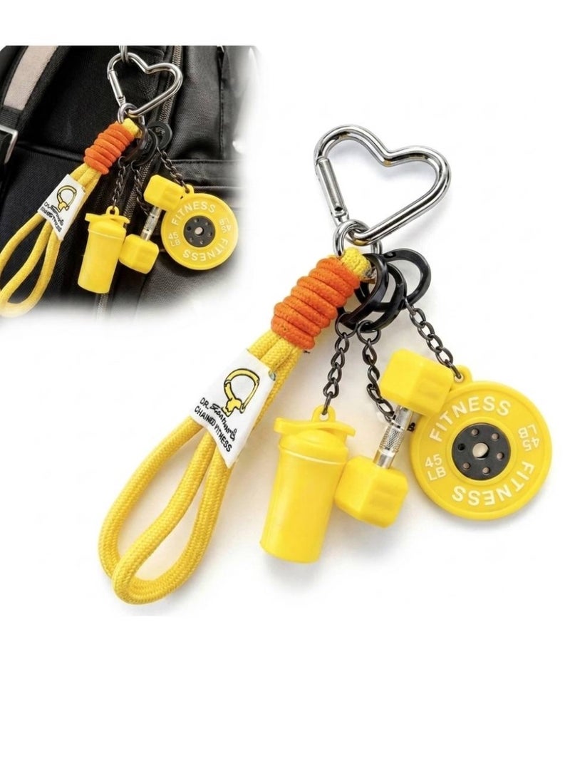 Aura Style 4-in-1 Fitness Keychain - Yellow Gym Bag Charm with Heart Carabiner, Dumbbell & Shaker - Cute Sporty Silicone Accessory - Image 3