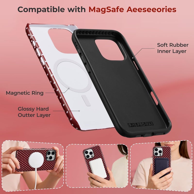 حافظة مغناطيسية من لهاتف iPhone 16 Pro، بتصميم نقاط متناثرة جميل، مناسبة للفتيات والنساء، تدعم الملحقات المغناطيسية، غطاء واقي صلب من البلاستيك الخالي من الرصاص (PC) مع طبقة ناعمة من TPU، لهاتف iPhone 16 Pro – اللون الأحمر النبيذي. - Image 3