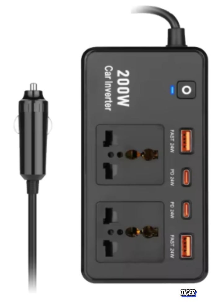 JAJEEK 200W Power Inverter Car Adapter from 12V to 220V for Electric Devices – USB Type-C and Universal Voltage Converter for Car, Compact and Portable Solution for Charging Laptops, Smartphones, and More - Image 1