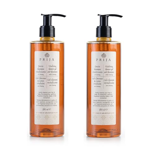 Prija Vitalizing 2 in 1 Shower Gel and Shampoo with Ginseng Extract, Hydrating and Energizing Hair and Body Wash Gel with Pump Dispenser, Luxurious Shower Gel 2 x 12.85 Fl. Oz - Image 1
