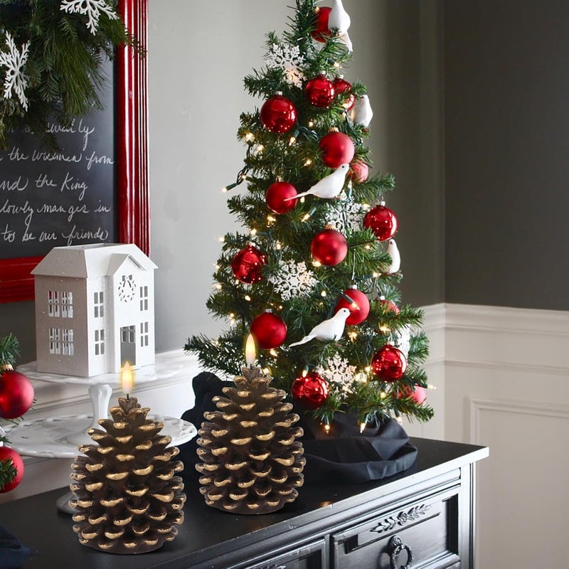 DRomance Flameless Pinecone Candles Battery Operated with 6 Hour Timer Set of 2 Real Brown Wax 3D Wick LED Flickering Pillar Candles Christmas Holiday Decor(Gold, 3.5 x 6 Inch) - Image 4