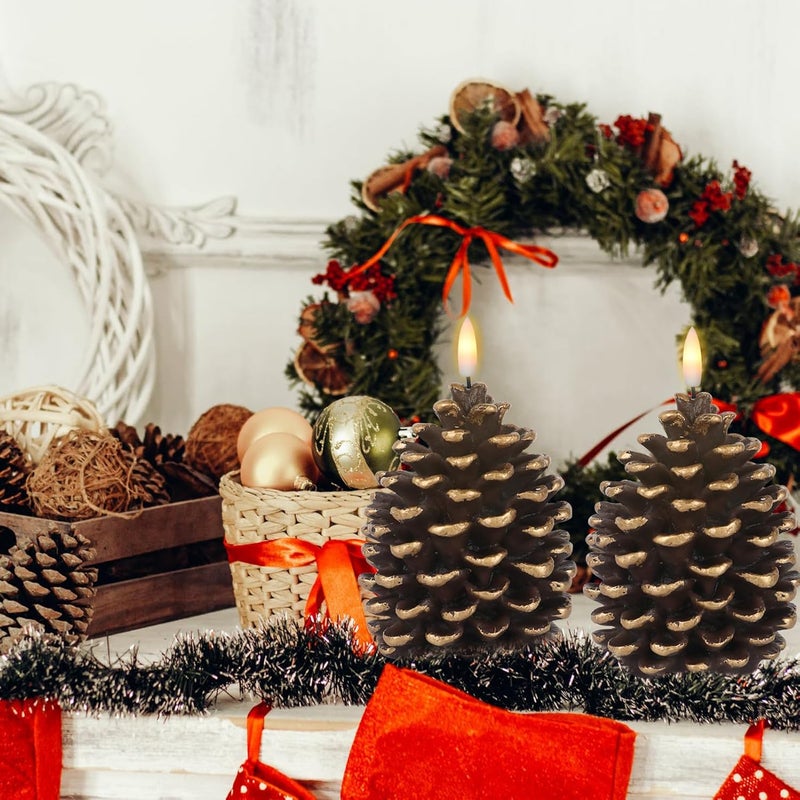 DRomance Flameless Pinecone Candles Battery Operated with 6 Hour Timer Set of 2 Real Brown Wax 3D Wick LED Flickering Pillar Candles Christmas Holiday Decor(Gold, 3.5 x 6 Inch) - Image 5