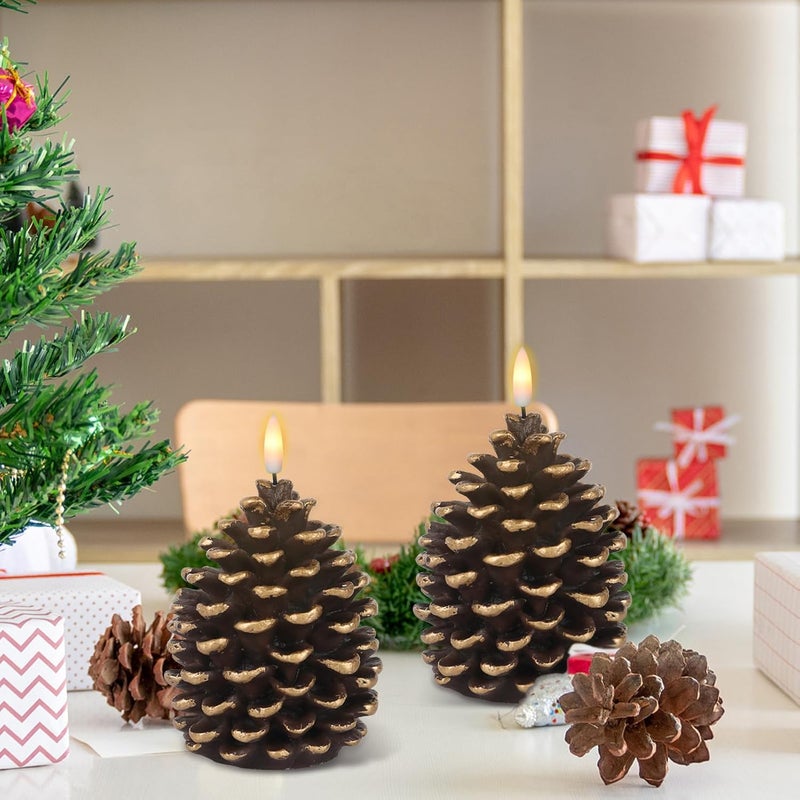 DRomance Flameless Pinecone Candles Battery Operated with 6 Hour Timer Set of 2 Real Brown Wax 3D Wick LED Flickering Pillar Candles Christmas Holiday Decor(Gold, 3.5 x 6 Inch) - Image 3