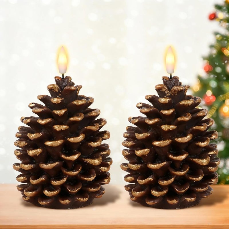 DRomance Flameless Pinecone Candles Battery Operated with 6 Hour Timer Set of 2 Real Brown Wax 3D Wick LED Flickering Pillar Candles Christmas Holiday Decor(Gold, 3.5 x 6 Inch) - Image 1