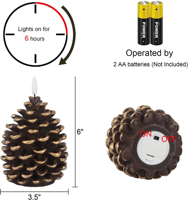 DRomance Flameless Pinecone Candles Battery Operated with 6 Hour Timer Set of 2 Real Brown Wax 3D Wick LED Flickering Pillar Candles Christmas Holiday Decor(Gold, 3.5 x 6 Inch) - Image 2