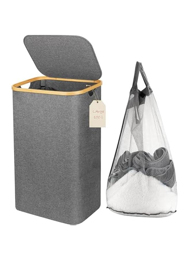 MIXDE Laundry Basket Collapsible,Laundry Hamper with Lid,110L Large Laundry Hamper with Handle,Folding Clothes Basket Organizer with Removable Inner Bag for Clothing Toys Towels - Image 1