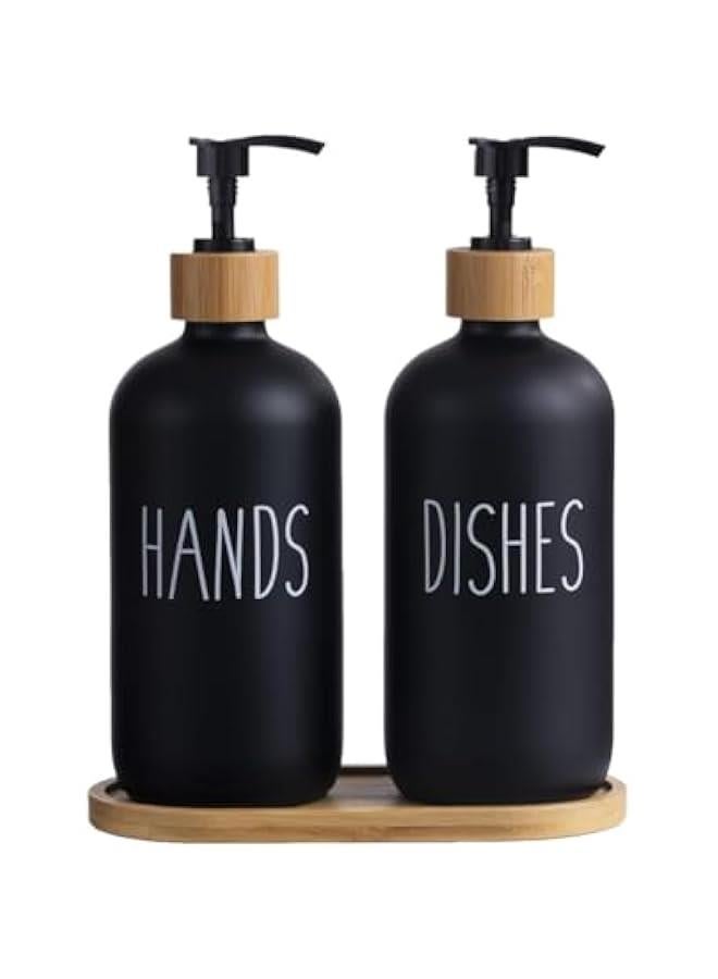 هوكور مجموعة موزع صابون زجاجي من ار سي كو، موزع صابون لليدين وصابون الاطباق مع صينية من الخيزران، موزع صابون عتيق مع مضخة لحوض المطبخ والحمام، ملصق دائم انيق (اسود غير لامع) - Image 1