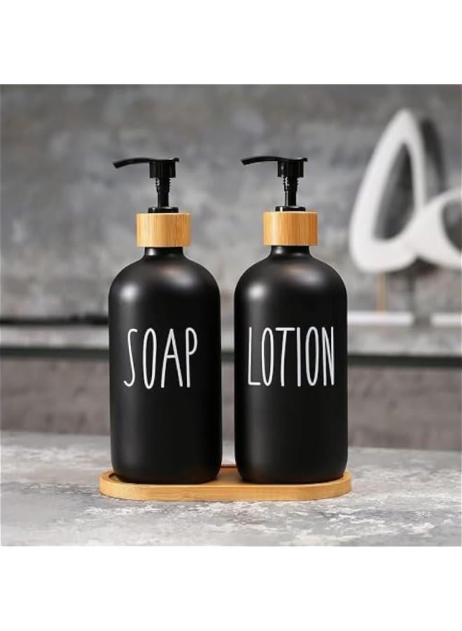 هوكور مجموعة موزع صابون زجاجي من ار سي كو، موزع صابون لليدين وصابون الاطباق مع صينية من الخيزران، موزع صابون عتيق مع مضخة لحوض المطبخ والحمام، ملصق دائم انيق (اسود غير لامع) - Image 2