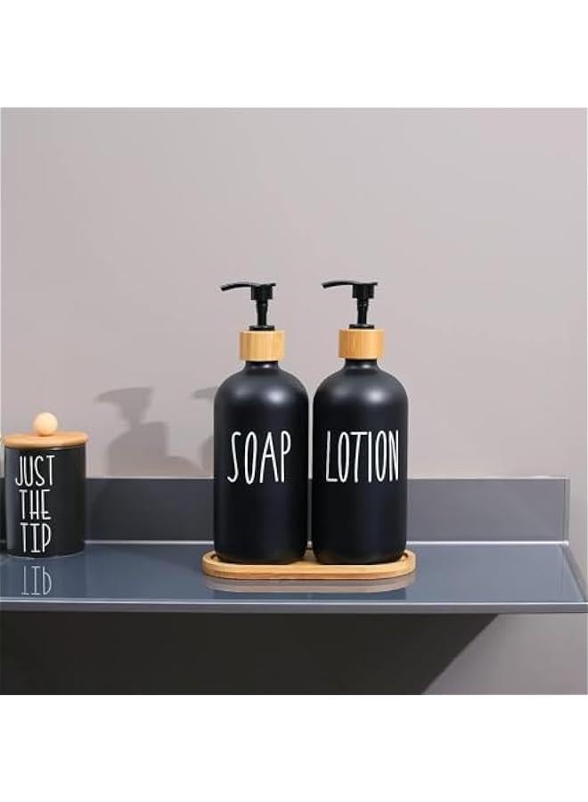 هوكور مجموعة موزع صابون زجاجي من ار سي كو، موزع صابون لليدين وصابون الاطباق مع صينية من الخيزران، موزع صابون عتيق مع مضخة لحوض المطبخ والحمام، ملصق دائم انيق (اسود غير لامع) - Image 4