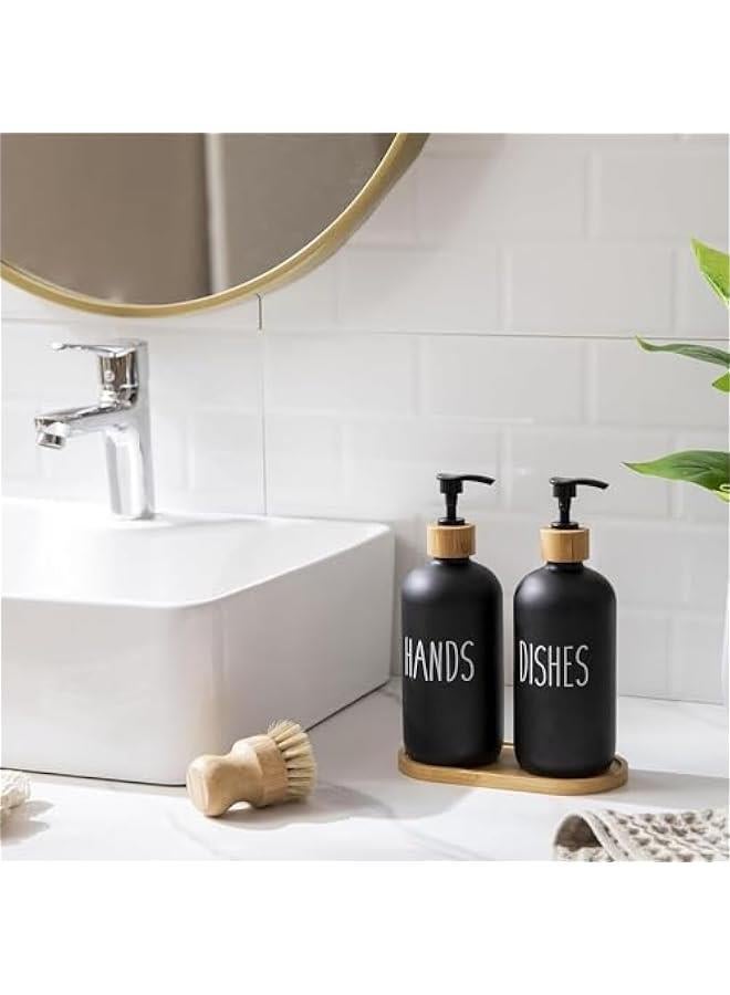 هوكور مجموعة موزع صابون زجاجي من ار سي كو، موزع صابون لليدين وصابون الاطباق مع صينية من الخيزران، موزع صابون عتيق مع مضخة لحوض المطبخ والحمام، ملصق دائم انيق (اسود غير لامع) - Image 5