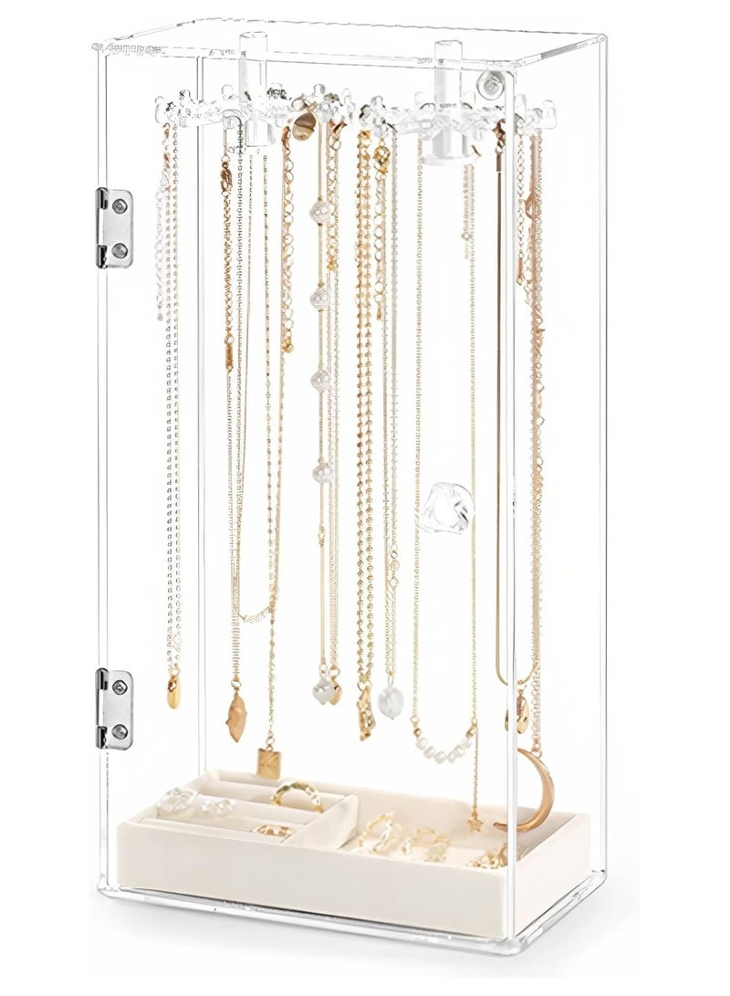 Soofam Necklace Holder,Acrylic Jewelry Organizer with 24 Hooks,Rotation Necklace Organizer Display Case Stand for Necklaces Pendant Bracelets, jewelry Tray Hanging Rack Storage for Earrings Rings  - Image 1