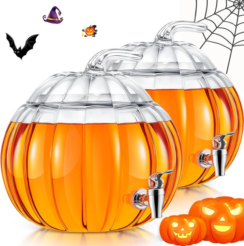 Uiifan 2 Pack 2 Gallon Glass Pumpkin Drink Dispenser for Fall Thanksgiving Party Supplies, Beverage Dispenser with Spigot, Trick or Treat Pumpkin Punch Bowl for Autumn Halloween Kitchen Decor (Clear) - Image 1