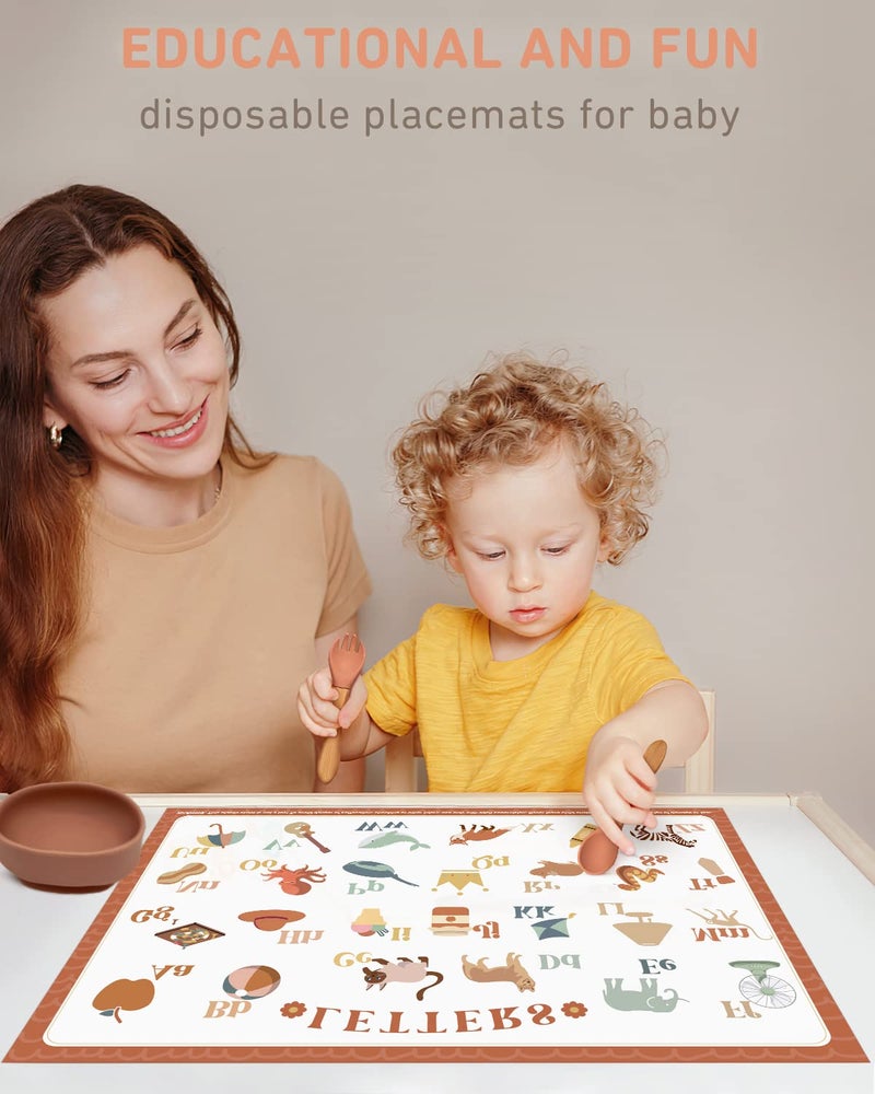 Babebay Disposable Placemats for Baby, 60 Pack Sticky Toddler Placemat for Restaurants, Dining Table, Party, Travel, 12" x 18" with 4 Designs - Image 2