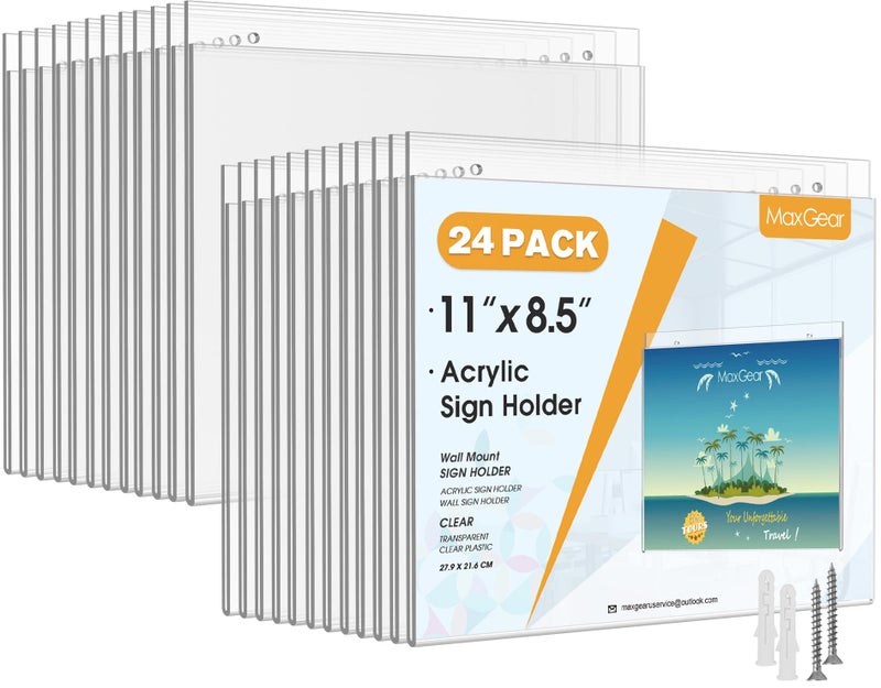 MaxGear Wall Mount Sign Holder 85 x 11 Inch Clear Plastic Picture Frames with Mounting Screws Door Sign Holders and Document Display Frame for Home Office Store Landscape 24 Pack