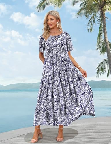 YESNO Women Casual Loose Bohemian Floral Dress with Pockets Short Sleeve Long Maxi Summer Beach Swing Dress 3XL EJF CR148 - Image 3