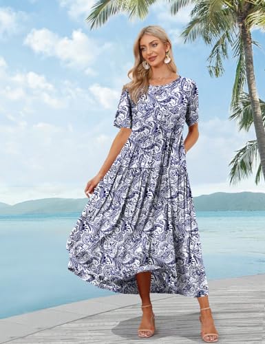 YESNO Women Casual Loose Bohemian Floral Dress with Pockets Short Sleeve Long Maxi Summer Beach Swing Dress 3XL EJF CR148 - Image 2