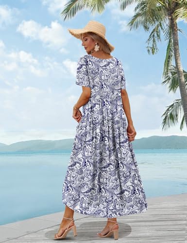 YESNO Women Casual Loose Bohemian Floral Dress with Pockets Short Sleeve Long Maxi Summer Beach Swing Dress 3XL EJF CR148 - Image 4