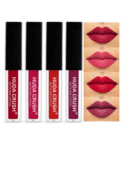 HUDACRUSH BEAUTY Mini Lipsticks Combo Pack of 4 Liquid Matte Lipstick Set Red Deep Red for women