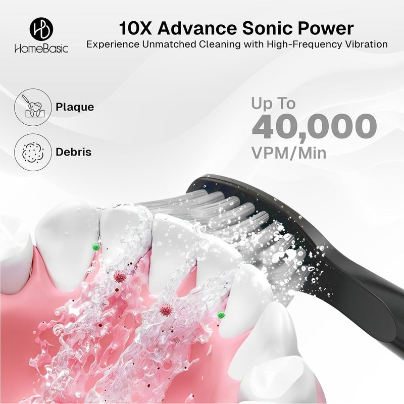 Home Basic فرشاة أسنان كهربائية وايف وايتنر مع 5 أوضاع، 6 رؤوس فرشاة، بطارية تدوم 60 يومًا، شحن USB، تصميم مقاوم للماء IPX7، مؤقت ذكي، حقيبة سفر، شعيرات نايلون | العناية بالفم للبالغين (أسود) - Image 5