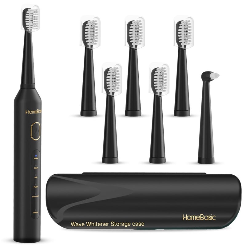 Home Basic فرشاة أسنان كهربائية وايف وايتنر مع 5 أوضاع، 6 رؤوس فرشاة، بطارية تدوم 60 يومًا، شحن USB، تصميم مقاوم للماء IPX7، مؤقت ذكي، حقيبة سفر، شعيرات نايلون | العناية بالفم للبالغين (أسود) - Image 1