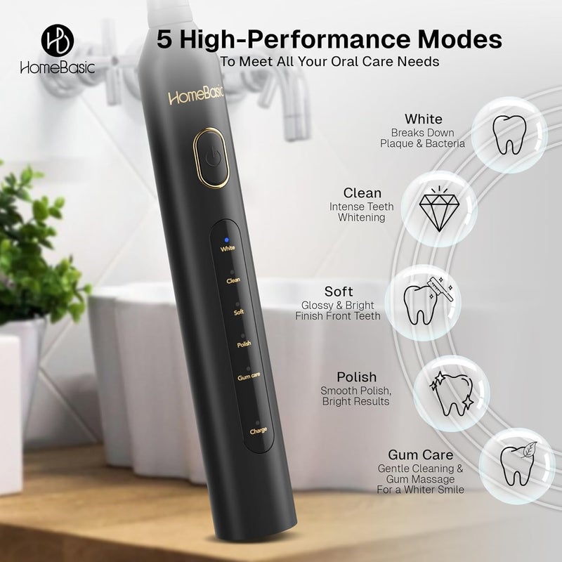 Home Basic فرشاة أسنان كهربائية وايف وايتنر مع 5 أوضاع، 6 رؤوس فرشاة، بطارية تدوم 60 يومًا، شحن USB، تصميم مقاوم للماء IPX7، مؤقت ذكي، حقيبة سفر، شعيرات نايلون | العناية بالفم للبالغين (أسود) - Image 4