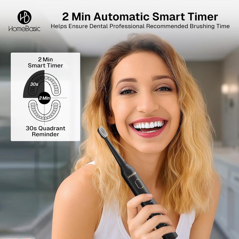 Home Basic فرشاة أسنان كهربائية وايف وايتنر مع 5 أوضاع، 6 رؤوس فرشاة، بطارية تدوم 60 يومًا، شحن USB، تصميم مقاوم للماء IPX7، مؤقت ذكي، حقيبة سفر، شعيرات نايلون | العناية بالفم للبالغين (أسود) - Image 3