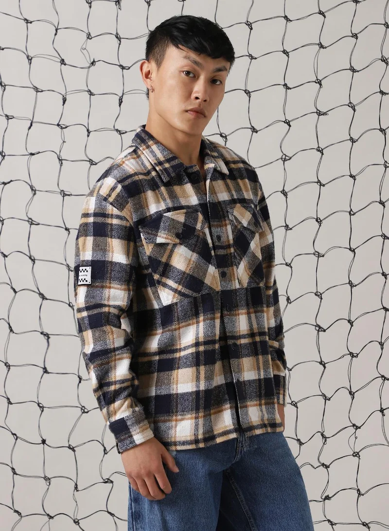هوبرهولمي Men's Multicoloured 100% Cotton Checkered Oversized Shacket
