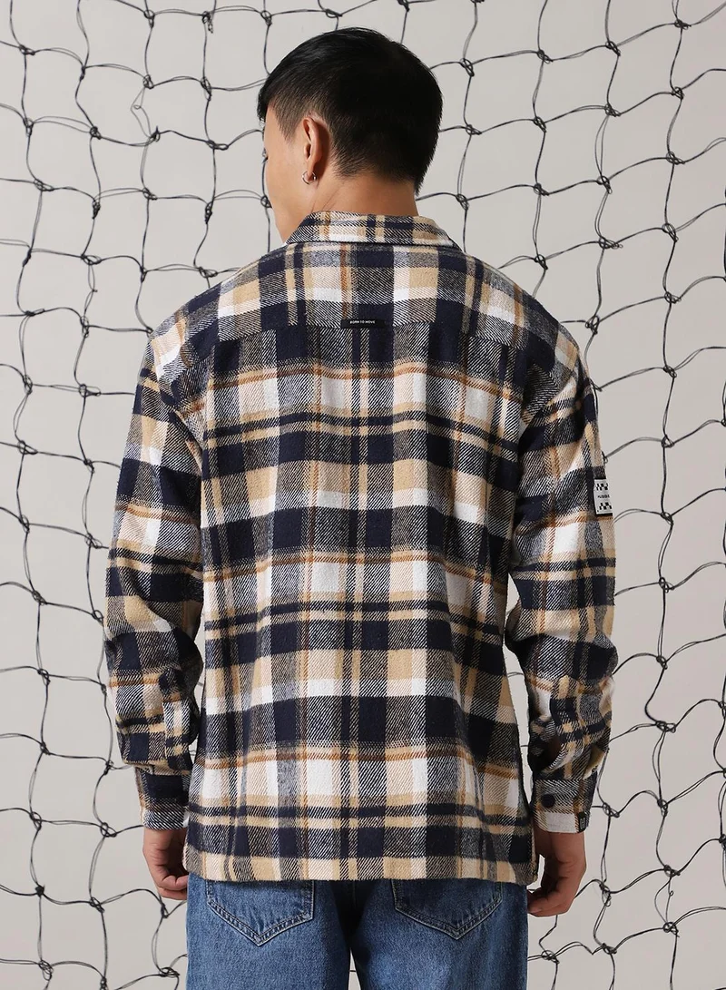 Hubberholme Men's Multicoloured 100% Cotton Checkered Oversized Shacket