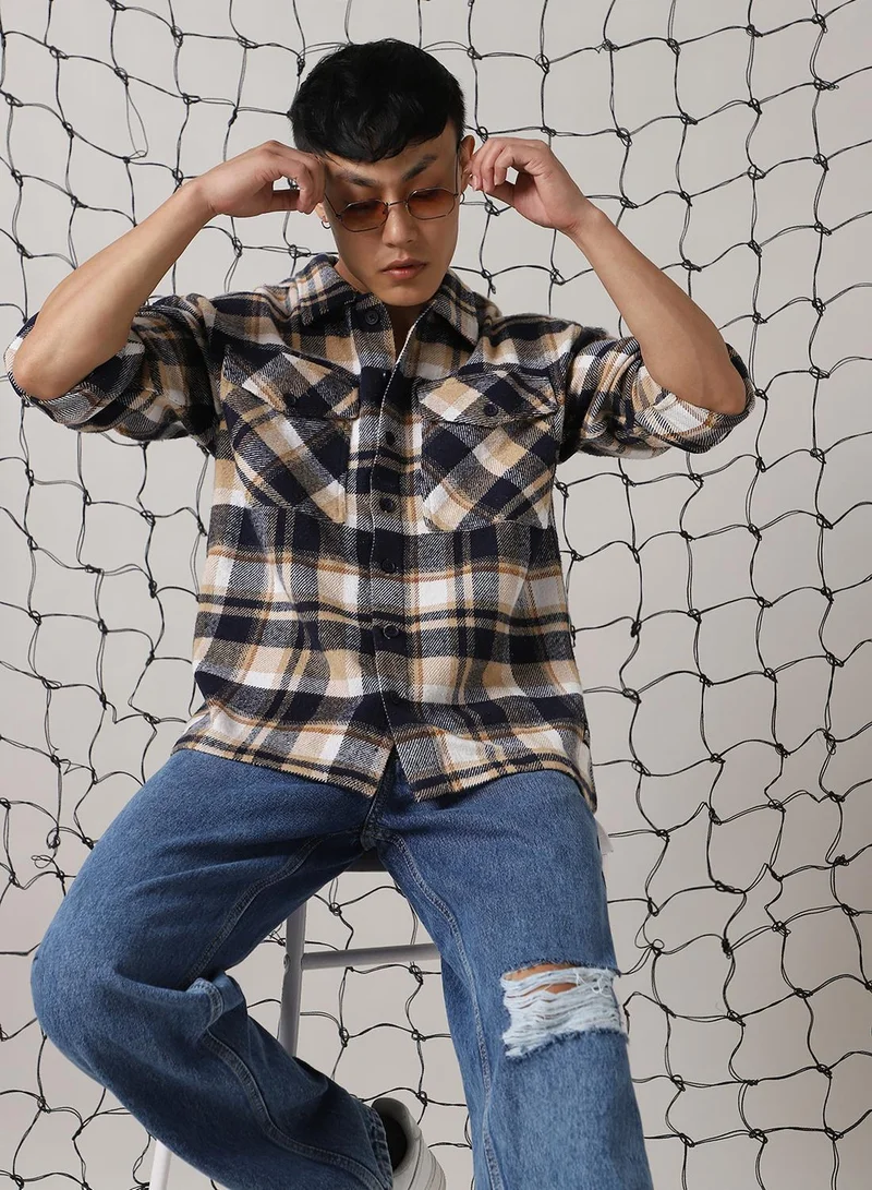 هوبرهولمي Men's Multicoloured 100% Cotton Checkered Oversized Shacket
