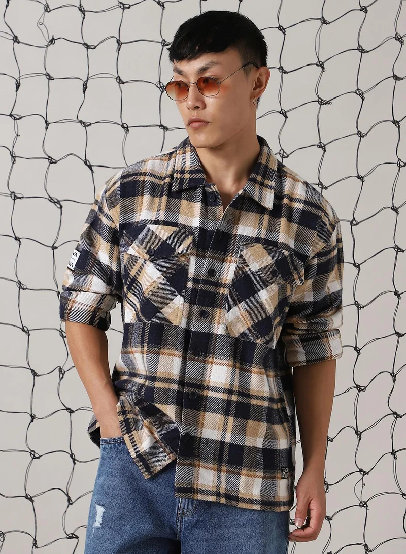 Hubberholme Men's Multicoloured 100% Cotton Checkered Oversized Shacket