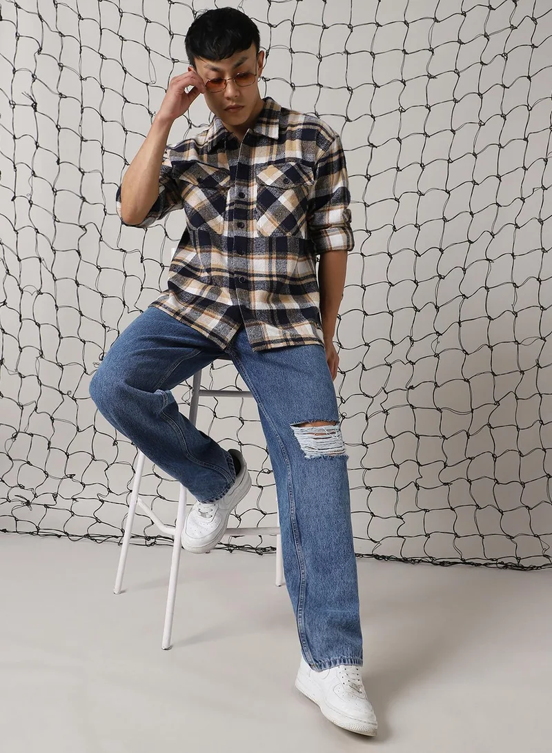 Hubberholme Men's Multicoloured 100% Cotton Checkered Oversized Shacket