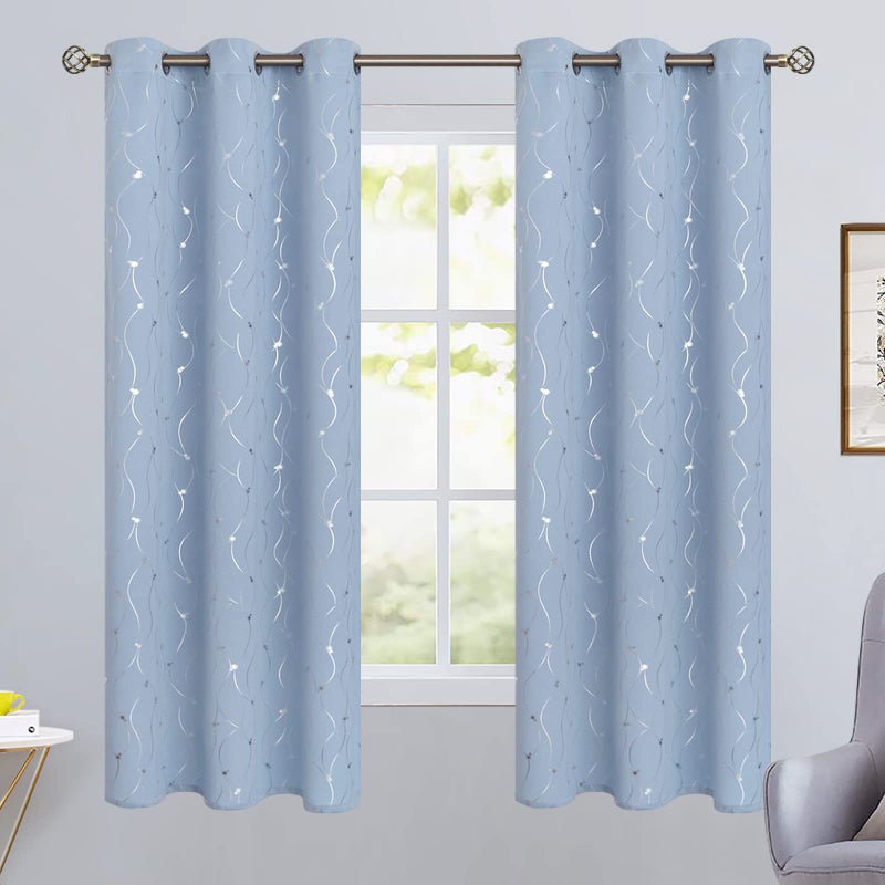 BGment الستائر المظلمة في غرفة بئسة 63 بوصة طويلة جروميت ستائر تعتيم معزولة حرارية مع خط الموجة ونقاط مطبوعة لغرفة النوم 2 لوحات كل 42 × 63 بوصة زرقاء فاتحة - Image 2