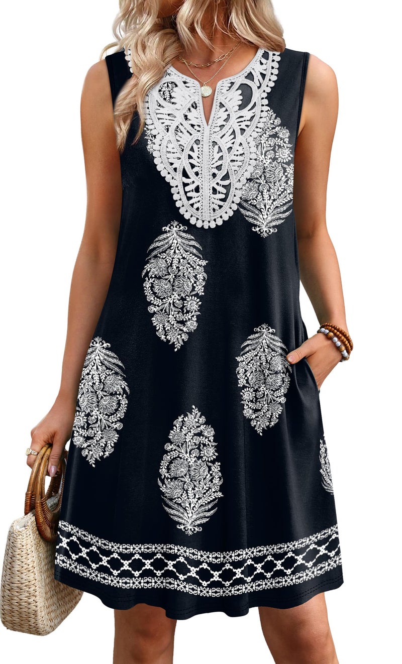 Sipaya Sundresses for Women V Neck Sleeveless Casual Summer Dresses Beach Vacation Clothes Lace Swimsuit Cover Ups Boho Floral Clothes Flowy Black Printed S - Image 3
